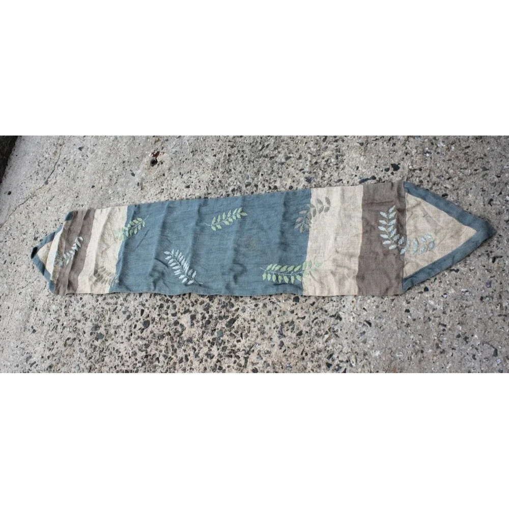 Pier 1 Imports Table Runner Jute Cotton Blue Green Leaves Embroidered 65